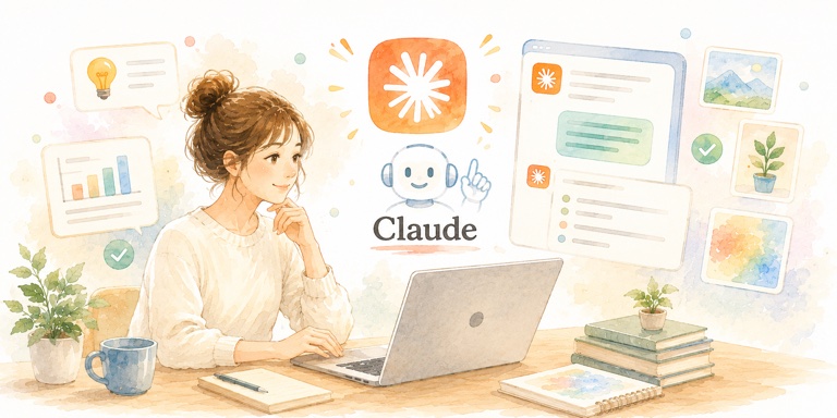 女性がノートパソコンでClaude（クロード）AIを使っている水彩イラスト。ClaudeのロゴとAIロボットが画面上に表示されている