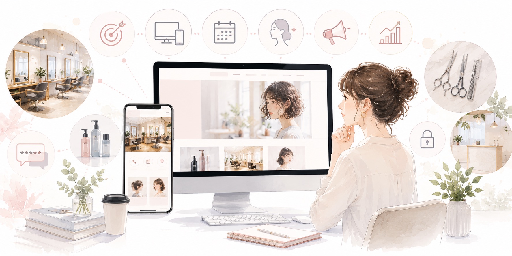 美容室・ヘアサロンのホームページ制作イメージ。PC・スマホ対応のサロンサイトを見るWebデザイナーのイラスト。予約導線・スタイルギャラリー・集客SEO対策を表した水彩イラスト｜千葉県船橋のホームページ制作イロドリ