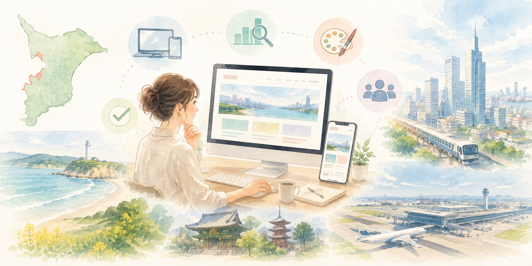 千葉・船橋のホームページ制作イメージ。地域密着型のWeb制作会社に依頼して集客できるサイトを作るWebデザイナーのイラスト｜千葉県船橋のホームページ制作イロドリ