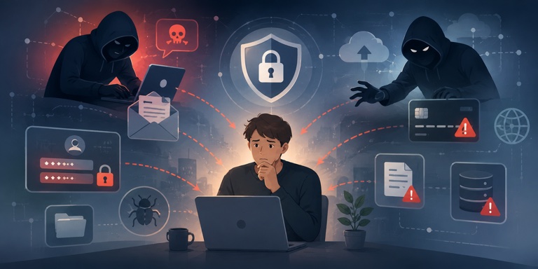 ノートパソコンを前に不安そうな男性と、周囲のハッカー・パスワード漏洩・バグ・データ警告などのセキュリティリスクを示したイラスト
