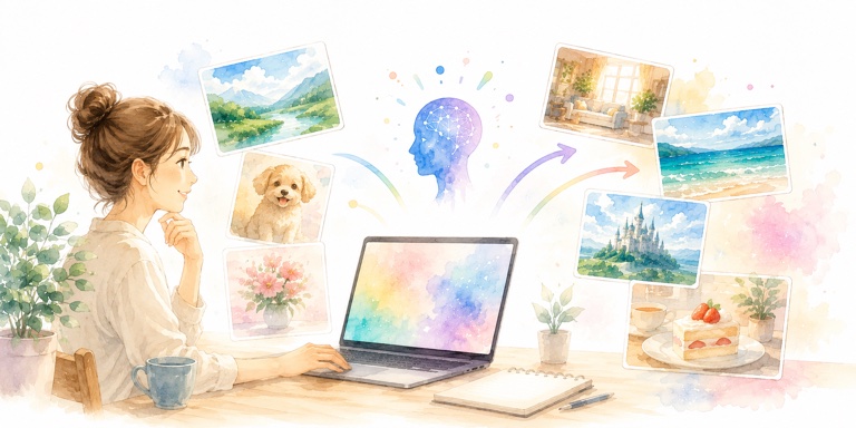 女性がノートパソコンでAI画像生成ツールを使っている水彩イラスト。AIが風景・動物・花・城など多様な画像を生成している様子