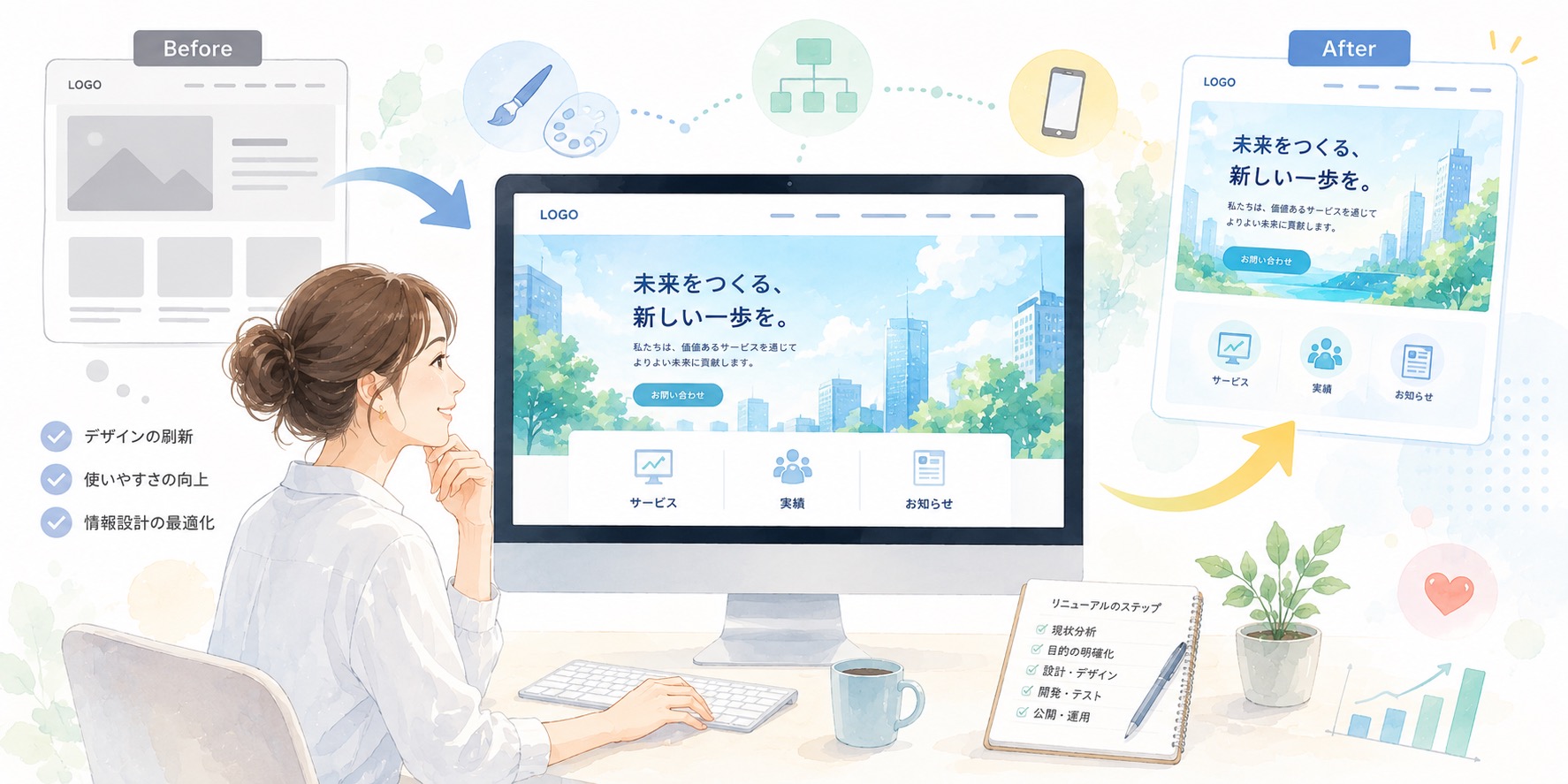 ホームページリニューアルのビフォーアフターイメージ。古いサイトから現代的なデザインへ刷新し、使いやすさ・情報設計・スマホ対応を改善するWebデザイナーのイラスト｜千葉県船橋のホームページ制作イロドリ