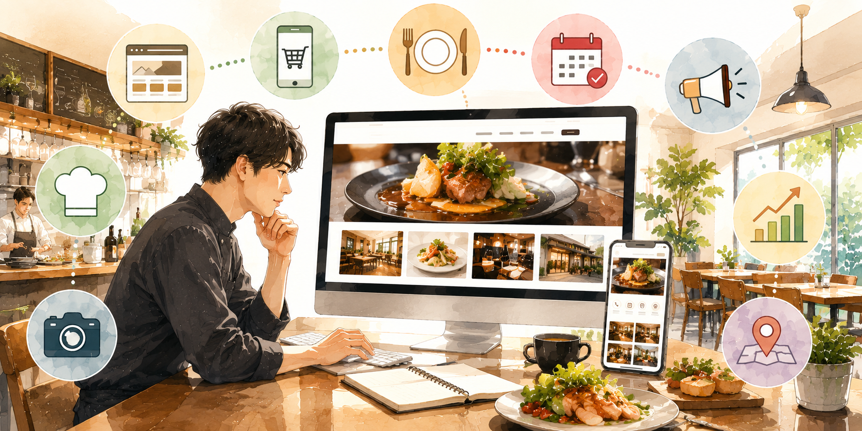 飲食店・レストランのホームページ制作イメージ。スマホ・PC対応のメニューや予約導線が整ったサイトを見るWebデザイナーのイラスト｜千葉県船橋のホームページ制作イロドリ
