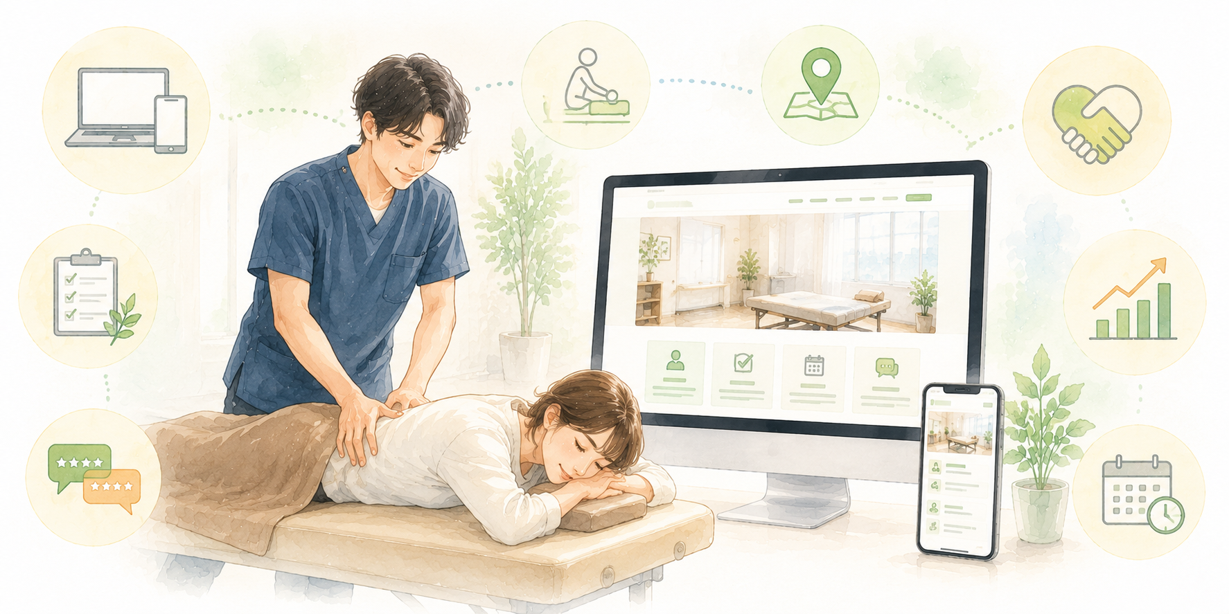 整骨院・治療院のホームページ制作イメージ。スマホ・PC対応の治療メニューや予約導線が整ったサイトを見るWebデザイナーのイラスト｜千葉県船橋のホームページ制作イロドリ