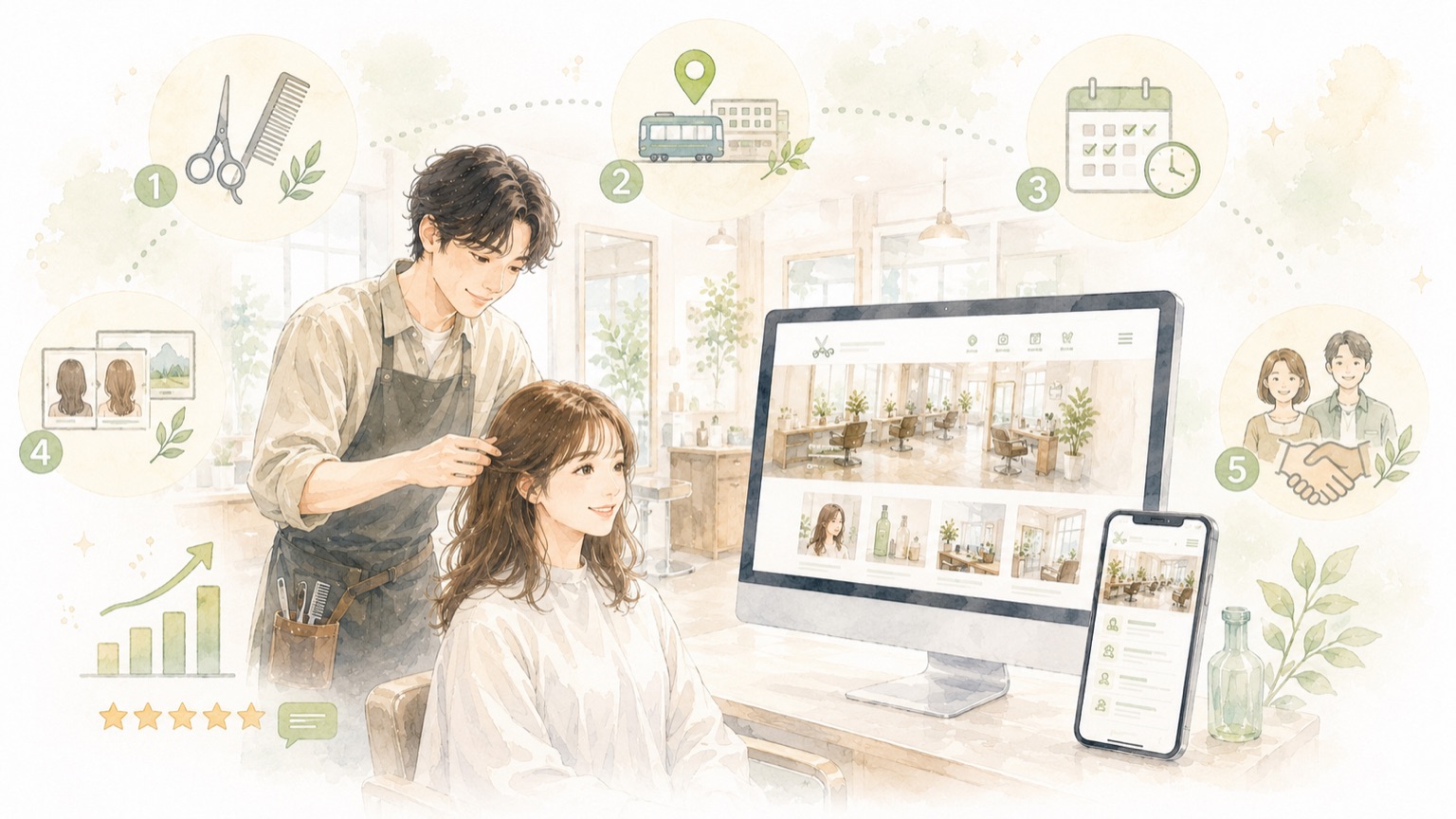 津田沼の美容室・サロンのホームページ制作イメージ。スタイリストの施術風景・サロンサイト・予約導線・口コミ評価を表した水彩イラスト｜千葉県船橋のホームページ制作イロドリ