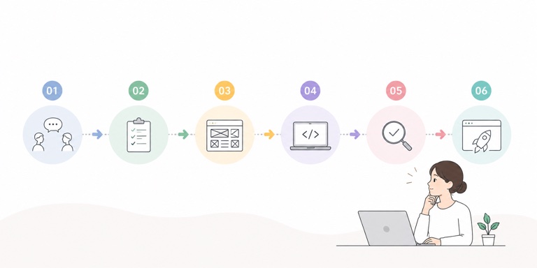 Web制作の流れを示す6ステップのフロー図。ヒアリング・要件定義・デザイン・コーディング・テスト・公開の工程をアイコンと矢印で表したイラスト