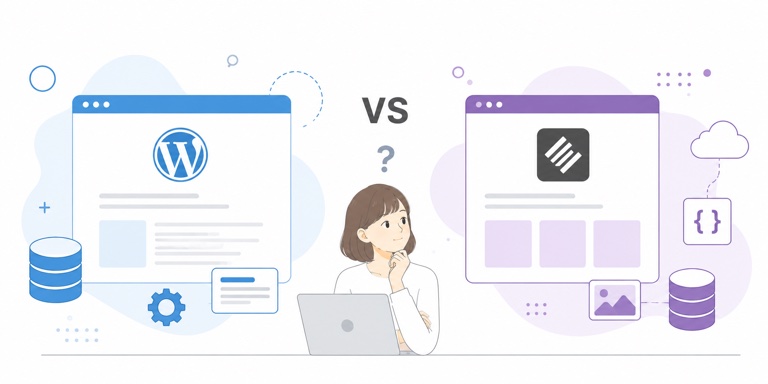 WordPressとmicroCMSを比較する女性のイラスト。左にWordPressロゴ、右にmicroCMSロゴが表示されVSで対比されている